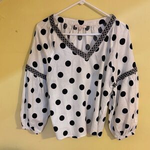 Skies Are Blue Black & White Polka Dot Peasant Blouse